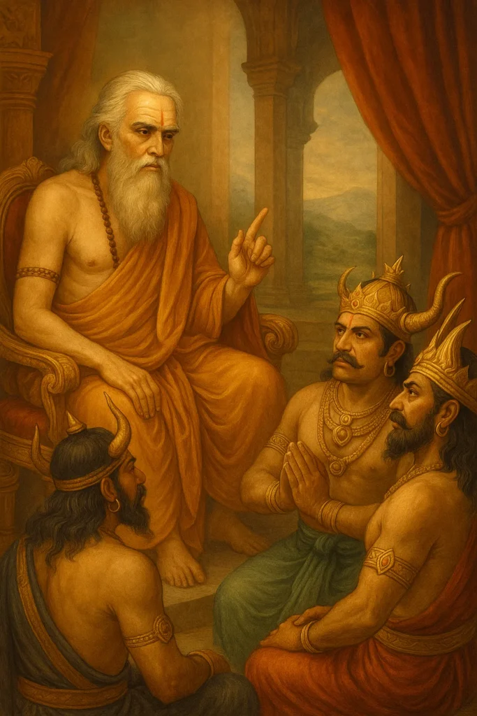 Portrait of Sage Shukracharya, the guru of the Asuras, holding a staff and scripture, symbolizing wisdom in wealth, Dharma, and strategy.