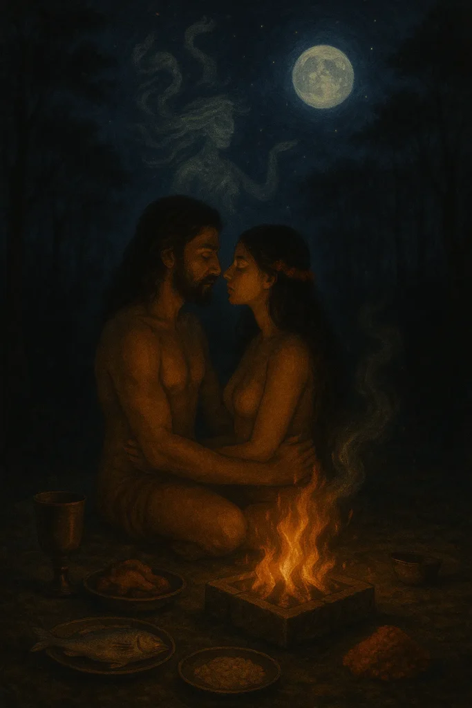 Ancient Tantric symbols representing the Five Ms with fire and mantra scripts in the background