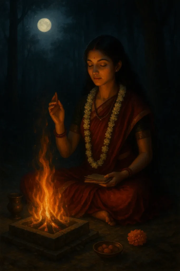 An Indian woman in a red and gold sari holding a sacred flame, symbolizing the Sādhikā on the Tantric spiritual path.