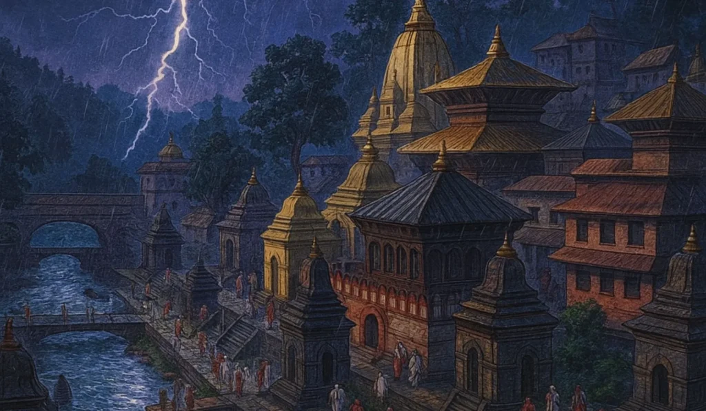 Pashupatinath Temple in misty twilight with bold title text, symbolizing its mystical and spiritual atmosphere.