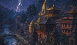 Pashupatinath Temple in misty twilight with bold title text, symbolizing its mystical and spiritual atmosphere.