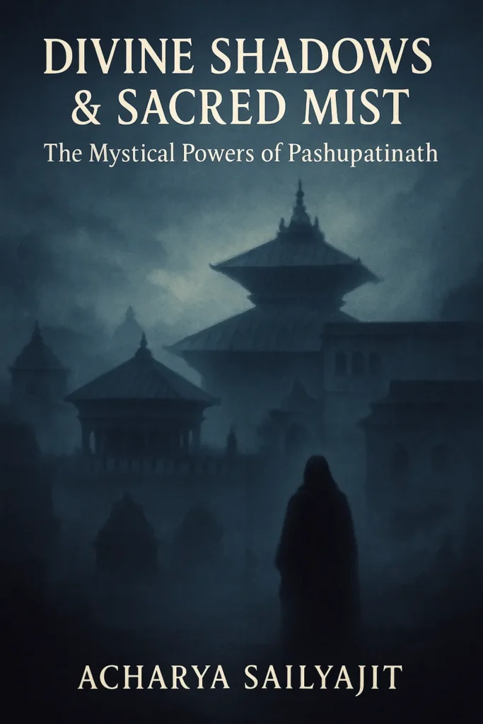 An ethereal depiction of the Pashupatinath Temple shrouded in sacred mist. The temple’s dark, towering pagodas loom under a stormy sky, while a cloaked figure stands silently in the foreground, evoking mystery, reverence, and spiritual transformation.