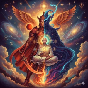 A mystical digital artwork depicting the Mars–Ketu conjunction, representing the fusion of warrior energy and spiritual detachment in Vedic astrology.